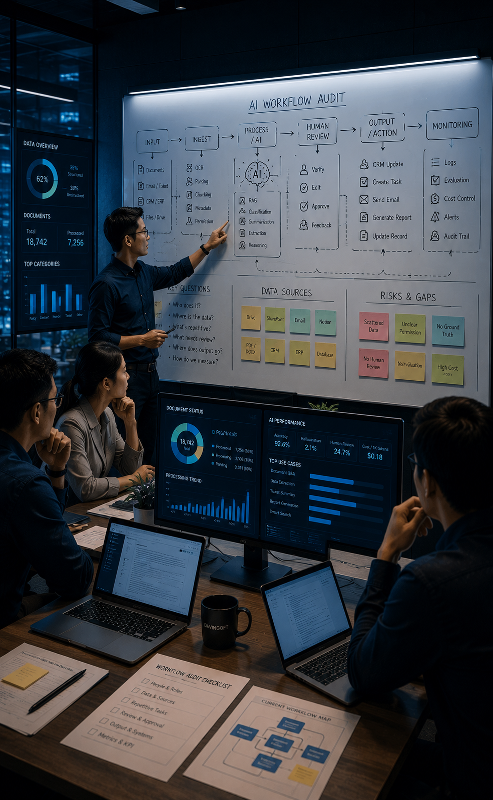 Phân tích quy trình vận hành doanh nghiệp để xác định use case AI, dữ liệu, quyền truy cập và workflow tự động hóa phù hợp