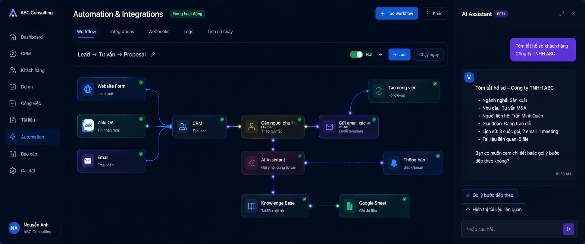 Hệ thống automation và AI assistant tích hợp CRM doanh nghiệp