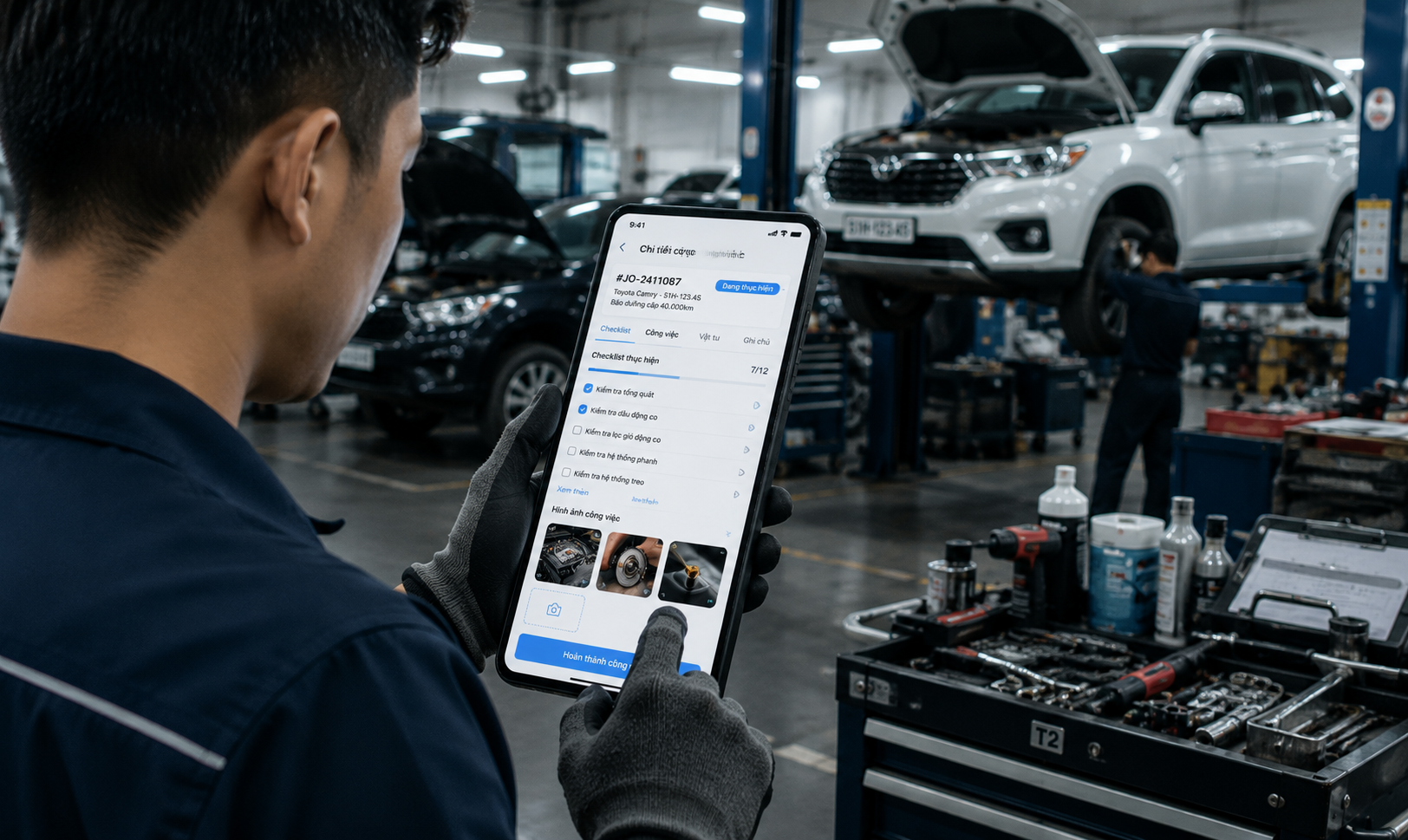 Garage workflow với inspection, repair order và technician assignment