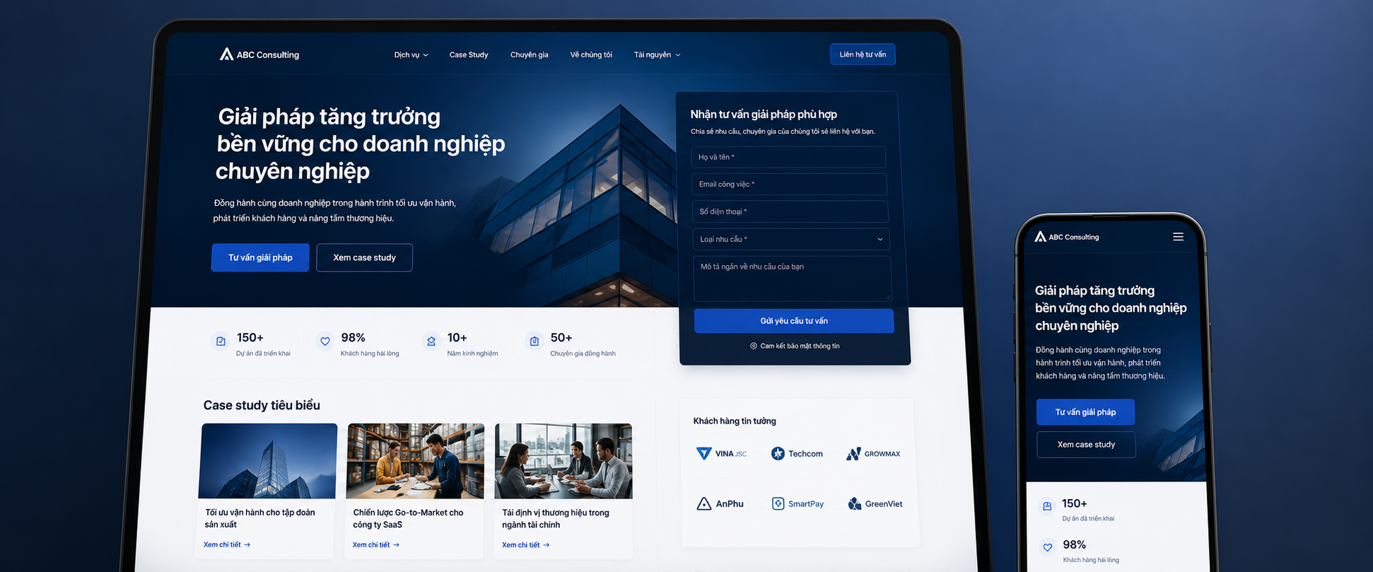 Website dịch vụ B2B tích hợp form thu lead và case study doanh nghiệp