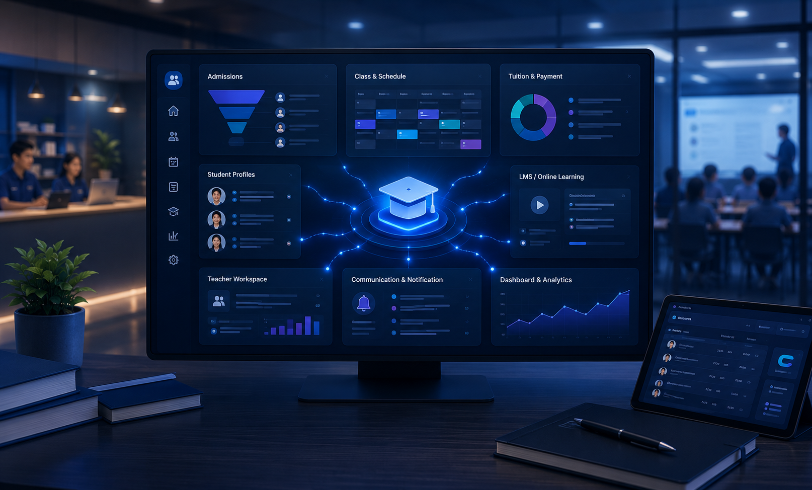 Kiến trúc hệ thống vận hành giáo dục kết nối CRM, LMS, học phí và dashboard
