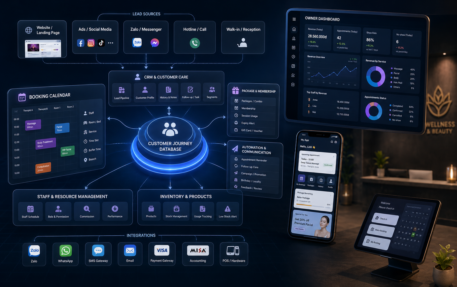 Kiến trúc hệ thống booking, CRM, automation và dashboard cho spa, salon, clinic và wellness business