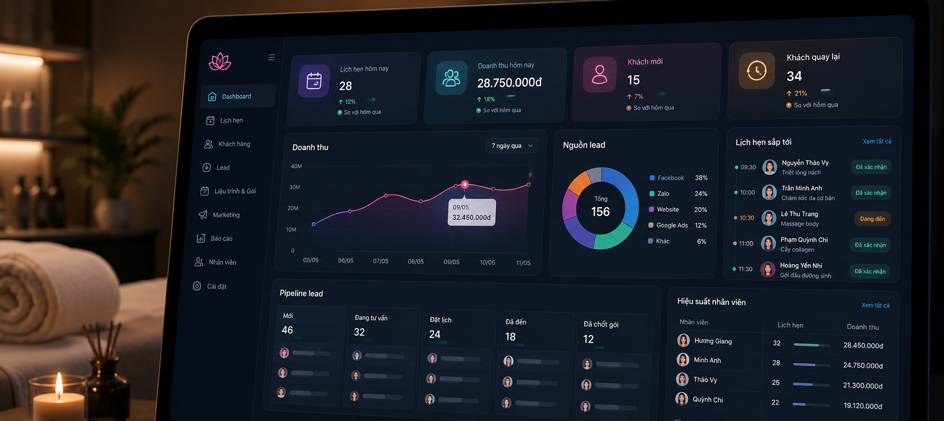 Hệ thống booking và CRM cho spa, clinic và wellness business với dashboard quản lý lịch hẹn và chăm sóc khách hàng