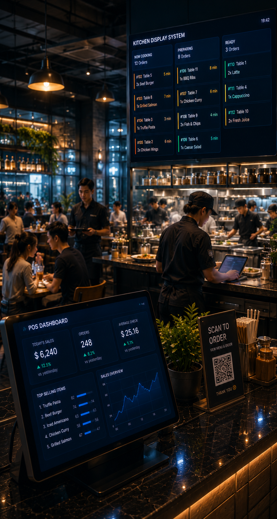Phần mềm quản lý nhà hàng và cafe với POS, QR ordering, KDS và inventory dashboard
