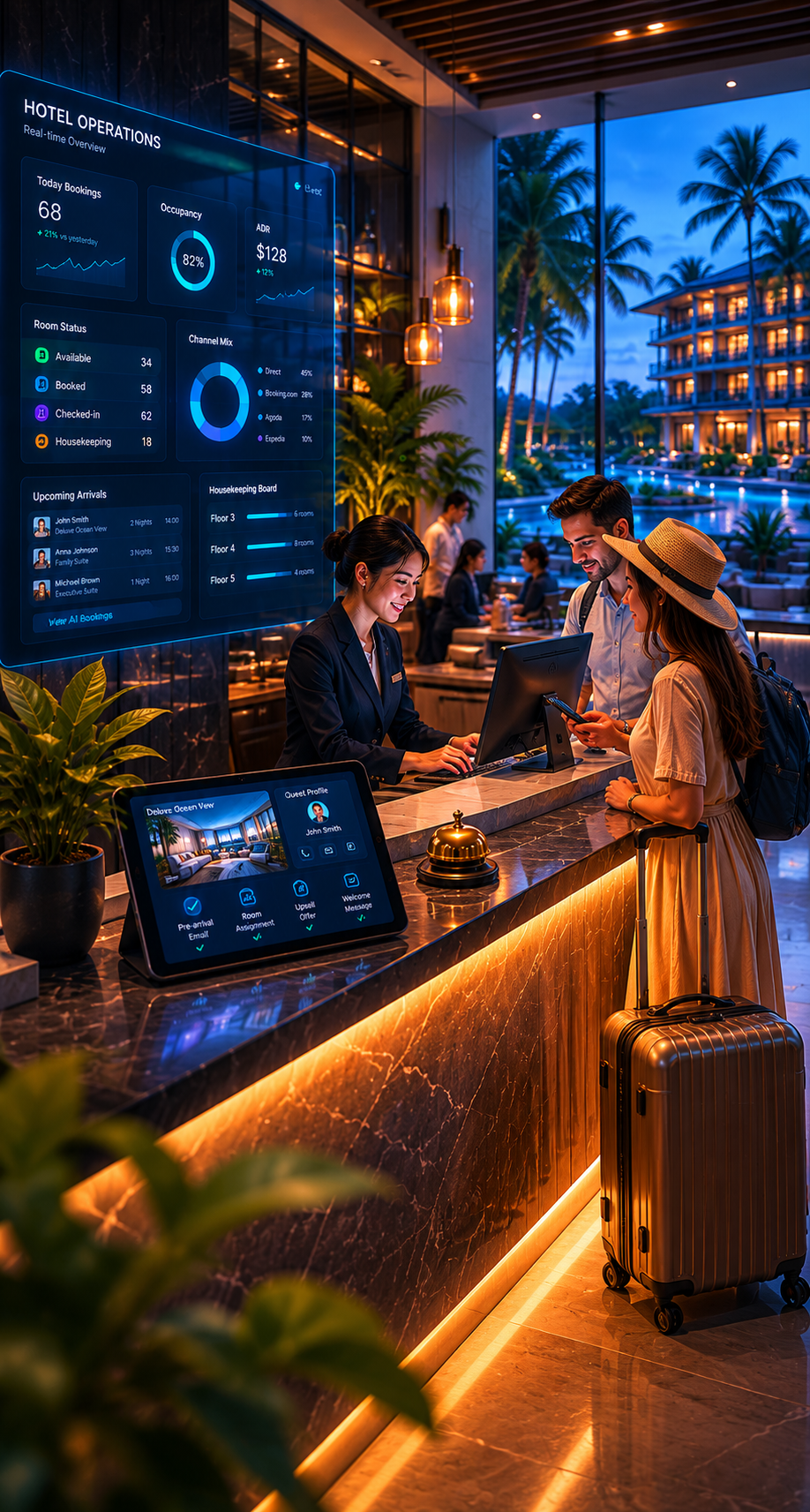 Hệ thống quản lý vận hành khách sạn với booking engine, PMS và guest experience dashboard