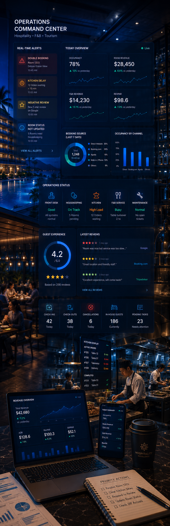 Dashboard vận hành hospitality giúp quản lý booking, order, khách hàng và doanh thu theo thời gian thực