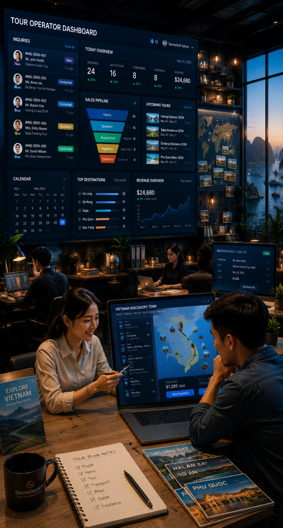 Phần mềm quản lý du lịch và travel agency với itinerary builder, quotation workflow và CRM khách hàng