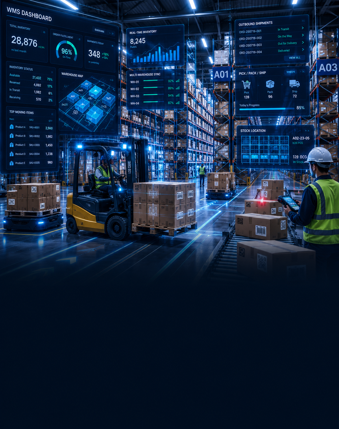 Kho vận sử dụng WMS barcode scanning và inventory synchronization