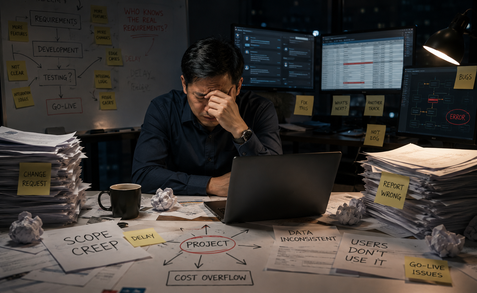 Các rủi ro trong dự án phần mềm gồm thay đổi phạm vi, chậm tiến độ, sai lệch dữ liệu và khó khăn khi vận hành thực tế