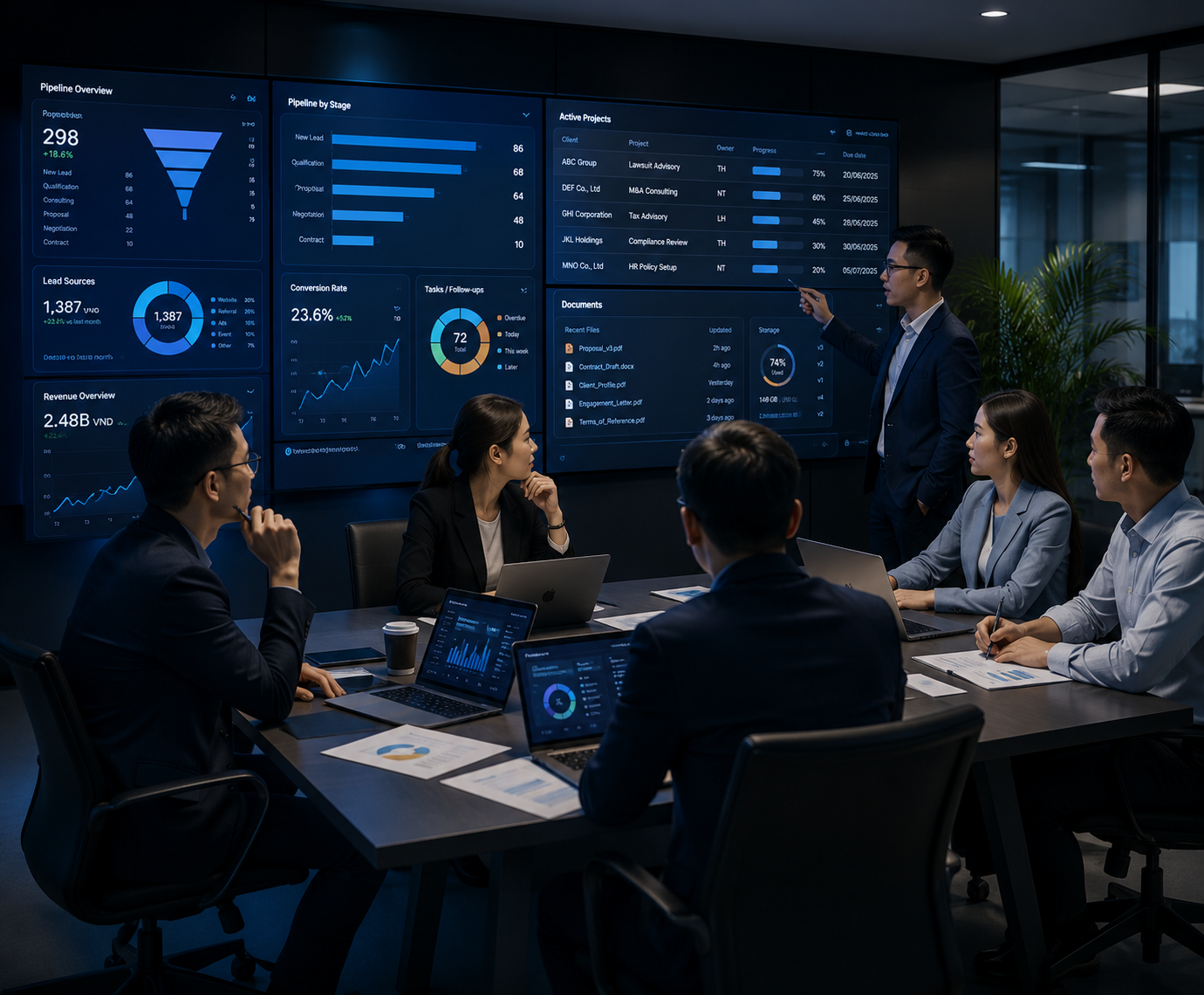 Đội ngũ consulting theo dõi client pipeline và workload trên dashboard
