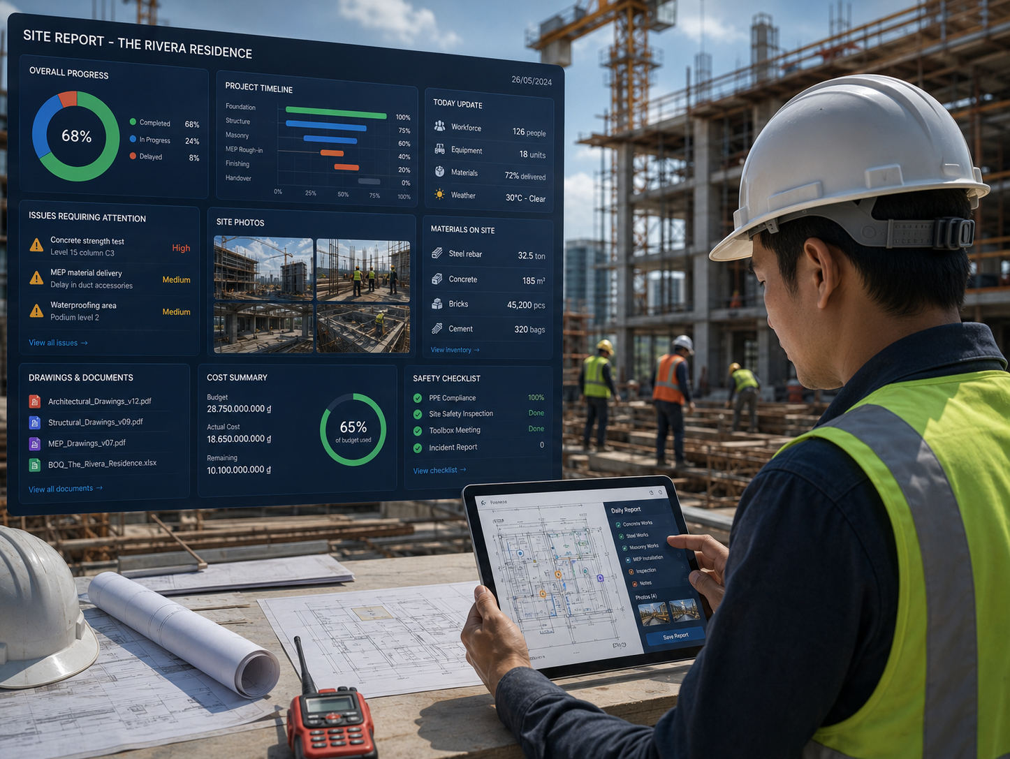 Phần mềm quản lý công trình xây dựng với site report, tiến độ thi công và cập nhật hiện trường realtime