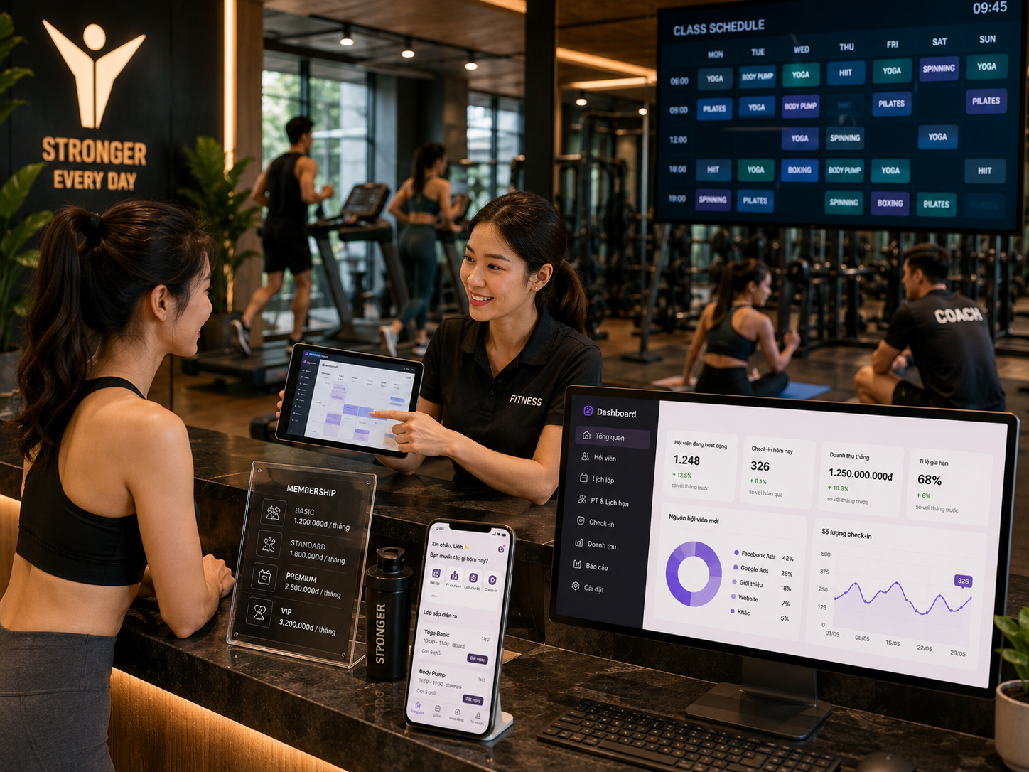 Hệ thống quản lý gym, yoga và fitness studio với membership, class booking và check-in hội viên