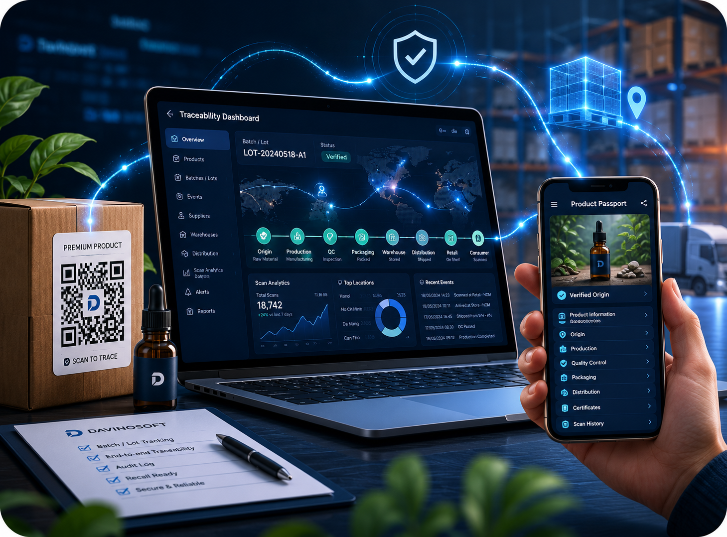 Hệ thống truy xuất nguồn gốc sản phẩm QR Code, quản lý lô hàng, chuỗi cung ứng và Product Passport do DavinoSoft phát triển